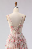 Light Pink A-Line Floral Printed Corset Long Ball Dress with Ruffles