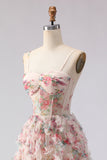 Light Pink A-Line Floral Printed Corset Long Ball Dress with Ruffles