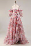 Pink Floral A Line Off The Shoulder Chiffon Long Ball Dress