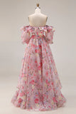 Pink Floral A Line Off The Shoulder Chiffon Long Ball Dress