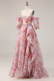 Pink Floral A Line Off The Shoulder Chiffon Long Ball Dress