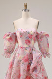 Pink Floral A Line Off The Shoulder Chiffon Long Ball Dress