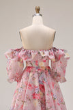Pink Floral A Line Off The Shoulder Chiffon Long Ball Dress