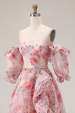 Pink Floral A Line Off The Shoulder Chiffon Long Ball Dress