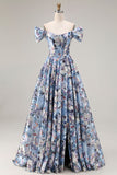 Blue A-Line Off The Shoulder Corset Floral Long Ball Dress with Slit