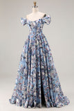 Blue A-Line Off The Shoulder Corset Floral Long Ball Dress with Slit