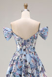 Blue A-Line Off The Shoulder Corset Floral Long Ball Dress with Slit