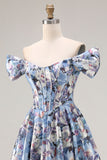 Blue A-Line Off The Shoulder Corset Floral Long Ball Dress with Slit