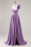 Purple A-Line Spaghetti Straps 3D Flower Ruched Long Ball Dress with Slit