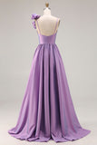 Purple A-Line Spaghetti Straps 3D Flower Ruched Long Ball Dress with Slit