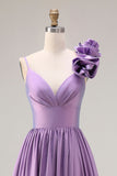 Purple A-Line Spaghetti Straps 3D Flower Ruched Long Ball Dress with Slit