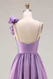 Purple A-Line Spaghetti Straps 3D Flower Ruched Long Ball Dress with Slit