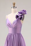 Purple A-Line Spaghetti Straps 3D Flower Ruched Long Ball Dress with Slit