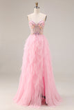 Pink A-Line Beaded Ruffled Corset Sequin Tulle Long Ball Dress with Slit