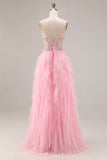 Pink A-Line Beaded Ruffled Corset Sequin Tulle Long Ball Dress with Slit