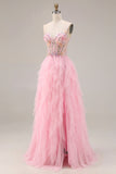 Pink A-Line Beaded Ruffled Corset Sequin Tulle Long Ball Dress with Slit