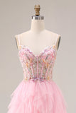 Pink A-Line Beaded Ruffled Corset Sequin Tulle Long Ball Dress with Slit