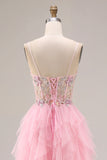 Pink A-Line Beaded Ruffled Corset Sequin Tulle Long Ball Dress with Slit