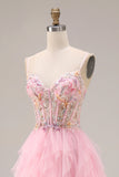 Pink A-Line Beaded Ruffled Corset Sequin Tulle Long Ball Dress with Slit