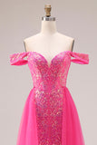 Sparkly Fuchsia Mermaid Off The Shoulder Convertible Long Ball Dress with Sequins