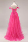 Sparkly Fuchsia Mermaid Off The Shoulder Convertible Long Ball Dress with Sequins