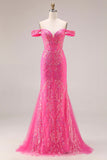 Sparkly Fuchsia Mermaid Off The Shoulder Convertible Long Ball Dress with Sequins
