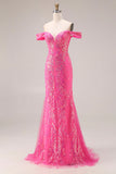 Sparkly Fuchsia Mermaid Off The Shoulder Convertible Long Ball Dress with Sequins