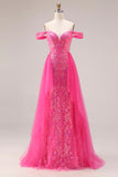 Sparkly Fuchsia Mermaid Off The Shoulder Convertible Long Ball Dress with Sequins