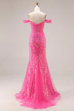 Sparkly Fuchsia Mermaid Off The Shoulder Convertible Long Ball Dress with Sequins