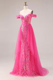 Sparkly Fuchsia Mermaid Off The Shoulder Convertible Long Ball Dress with Sequins