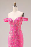 Sparkly Fuchsia Mermaid Off The Shoulder Convertible Long Ball Dress with Sequins