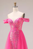 Sparkly Fuchsia Mermaid Off The Shoulder Convertible Long Ball Dress with Sequins