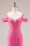 Sparkly Fuchsia Mermaid Off The Shoulder Convertible Long Ball Dress with Sequins