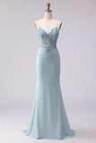 Dusty Blue Mermaid Corset Beaded Long Ball Dress with Lace Up Back