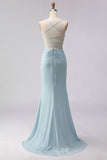 Dusty Blue Mermaid Corset Beaded Long Ball Dress with Lace Up Back