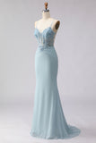Dusty Blue Mermaid Corset Beaded Long Ball Dress with Lace Up Back