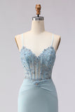 Dusty Blue Mermaid Corset Beaded Long Ball Dress with Lace Up Back