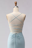 Dusty Blue Mermaid Corset Beaded Long Ball Dress with Lace Up Back