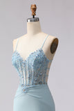 Dusty Blue Mermaid Corset Beaded Long Ball Dress with Lace Up Back