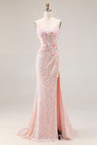 Sparkly Pink Mermaid Beaded Backless Embroidered Long Ball Dress with Slit