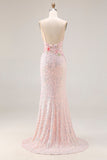 Sparkly Pink Mermaid Beaded Backless Embroidered Long Ball Dress with Slit