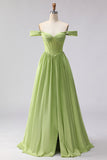 Green Off The Shoulder Satin A-Line Corset Long Ball Dress with Slit