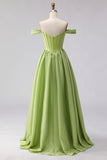 Green Off The Shoulder Satin A-Line Corset Long Ball Dress with Slit