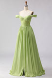 Green Off The Shoulder Satin A-Line Corset Long Ball Dress with Slit