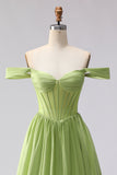Green Off The Shoulder Satin A-Line Corset Long Ball Dress with Slit