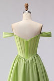 Green Off The Shoulder Satin A-Line Corset Long Ball Dress with Slit