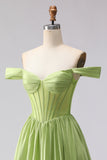 Green Off The Shoulder Satin A-Line Corset Long Ball Dress with Slit