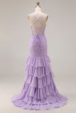 Purple Mermaid Spaghetti Straps Lace Up Back Long Ball Dress with Ruffled Slit