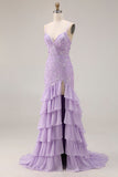 Purple Mermaid Spaghetti Straps Lace Up Back Long Ball Dress with Ruffled Slit