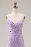 Purple Mermaid Spaghetti Straps Lace Up Back Long Ball Dress with Ruffled Slit